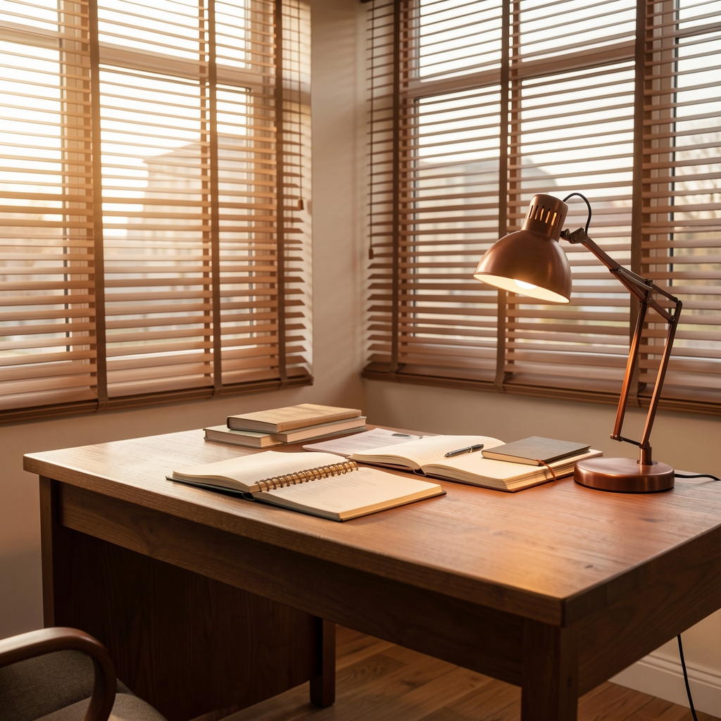Editorial workspace in a minimalist Kuala Lumpur office with a large window, natural daylight falling across a clean desk with notebooks and a laptop