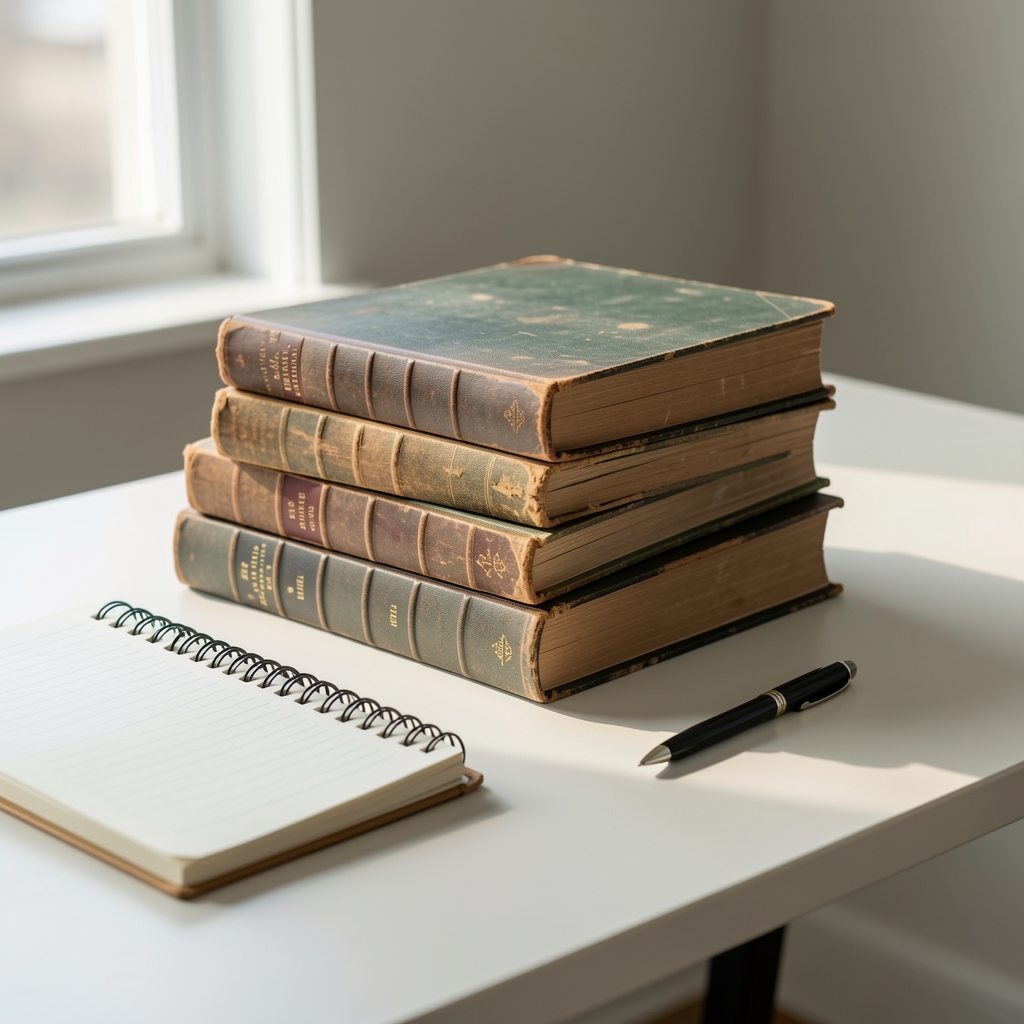 Stack of well-worn books, a notebook, and a pen on a clean desk surface in natural daylight — editorial reference material