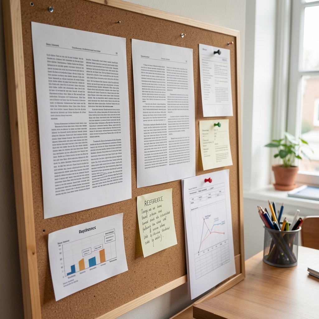 Detail of an editorial pinboard showing printed article pages, reference notes, and editorial planning material in a small office environment