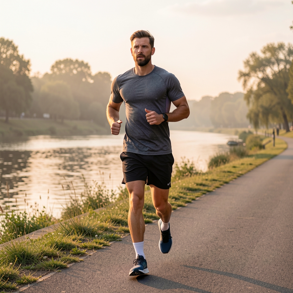 Man performing an early morning outdoor workout run along a scenic Kuala Lumpur riverside path at dawn, wearing performance athletic gear
