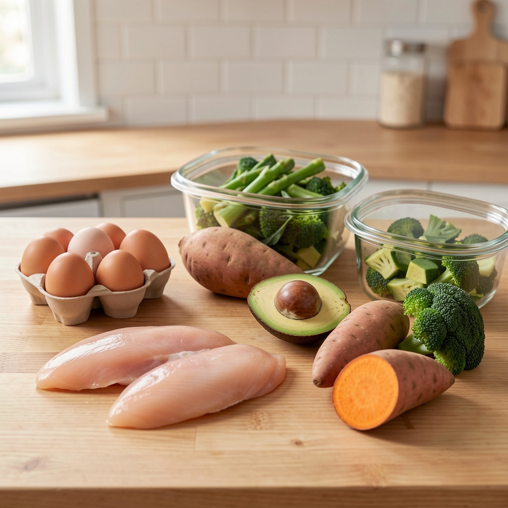 Fresh whole food ingredients arranged on a clean wooden kitchen surface — chicken breast, eggs, avocado, sweet potato, broccoli, and glass containers ready for meal prep