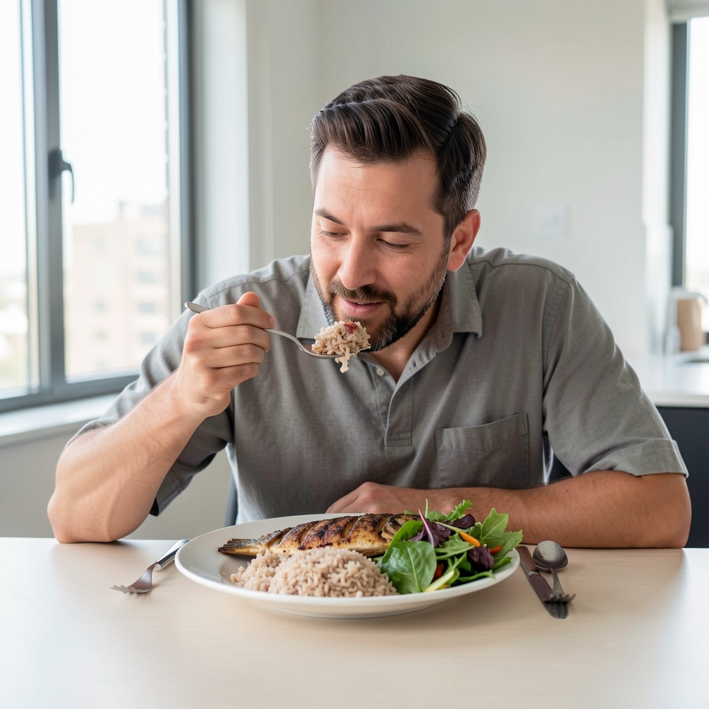 Man eating a well-portioned meal of grilled fish, brown rice, and mixed greens at a clean dining table in a modern Kuala Lumpur apartment with natural light