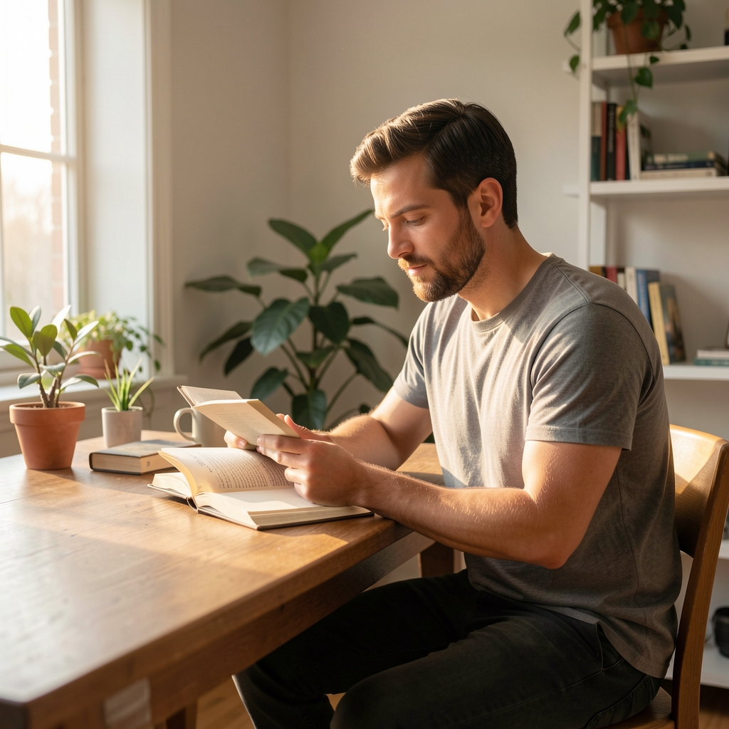 Modern man in a quiet, well-lit Kuala Lumpur apartment reading a journal at a wooden desk in the early morning light